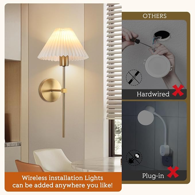 Gold Wireless Wall Sconce Sets of 2, Pleated Shades Rechargeable Battery - Image 8