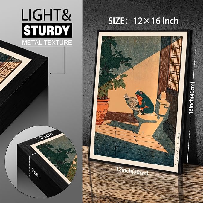 Vintage Japanese Black Framed Wall Art Funny Frog Bathroom Canvas Print Cute - Image 2