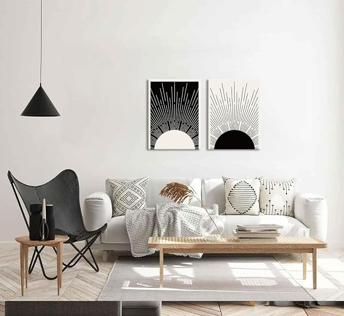 Hwetui Framed Boho Sun Wall Art Set of 2 Black and White Minimalist Sunrise - Image 2