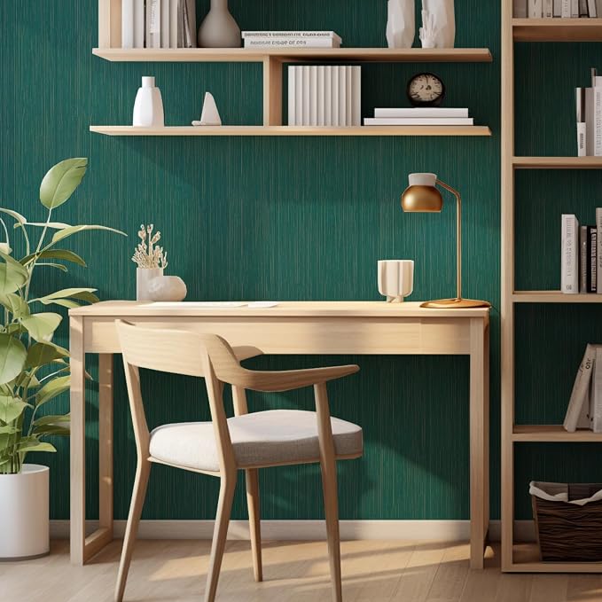 Teal Grasscloth Peel and Stick Wallpaper Vintage Texture Removable Waterproof - Image 7