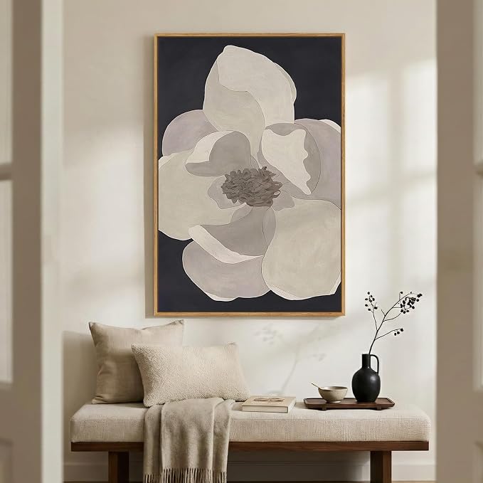 Framed Neutral Modern Floral Black and White Wall Art, Large Contemporary - Image 2