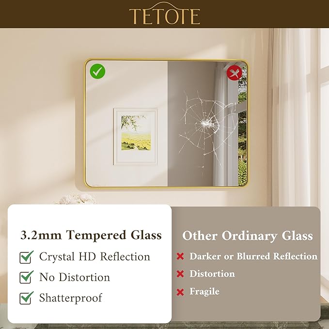 TETOTE 55 x 36 Inch Bathroom Mirror, Brushed Brass Gold Vanity Mirror, Modern - Image 4