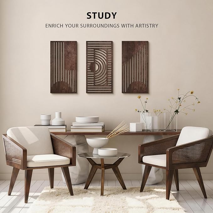 VIYYIEA Boho Solid Wood Carved Wall Art Set of 3, Geometric Minimalist Wooden - Image 4