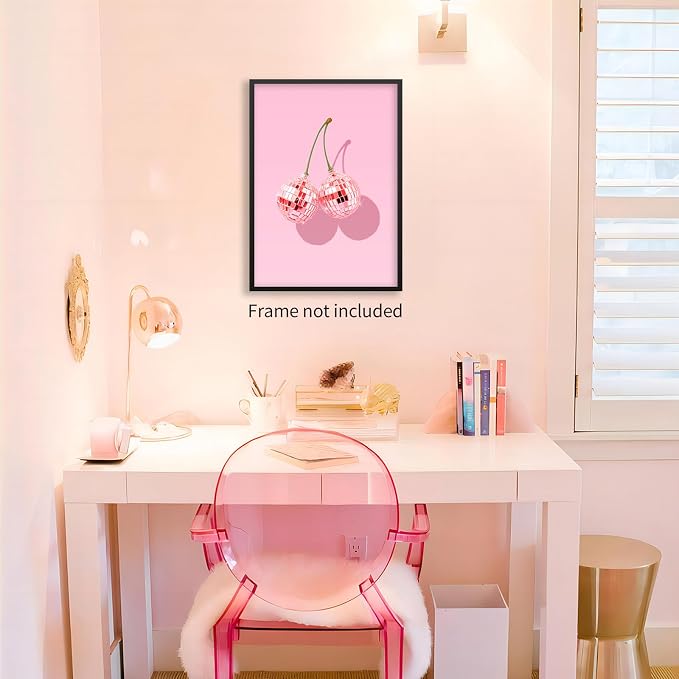jkahh Pink Disco Ball Cherry Poster Retro Funky Preppy Fruit Wall Art Trendy - Image 3