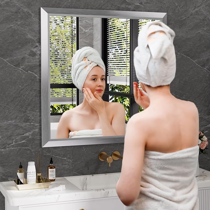 Amorho 36x36 Inch Bathroom Mirror Silver, Thick Metal Framed Wall Mirrors - Image 6