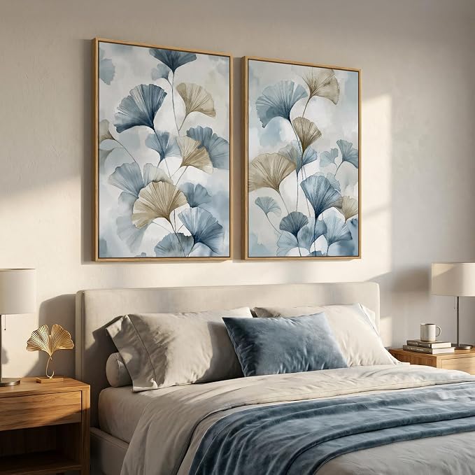 Large Framed Blue Botanical Wall Art Set of 2, Neutral Minimalist Canvas - Image 2