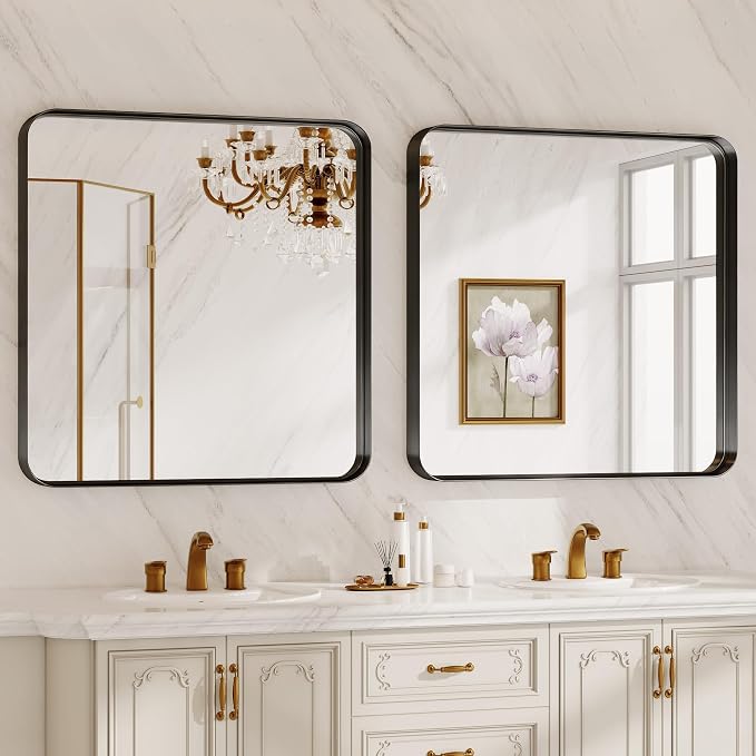 Bathroom Mirror for Wall, 30 Inch Square Mirror, Matte Black Metal Framed - Image 3
