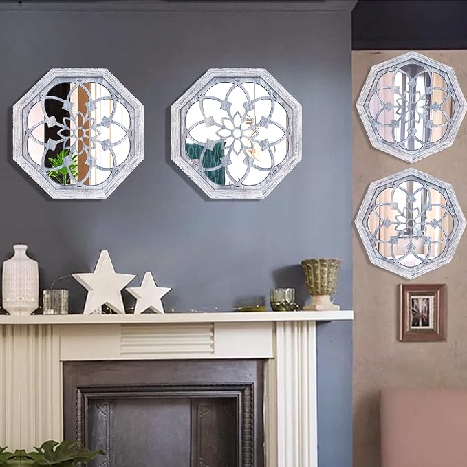 ZOLAPI 2 PCS Octagon Wall-Mounted Mirrors, Vintage Farmhouse Mirror - Image 5