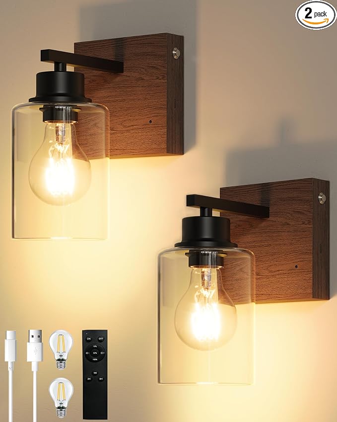 Battery Operated Wall Sconce Set of 2, Easy Install Dimmable Wireless Wall Lamps by Rayogale