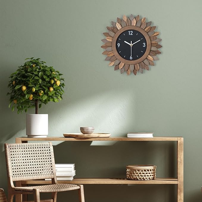 Honiway Wall Clock Battery Operated 12 in Rustic Wood Boho Sunburst Decorative - Image 4