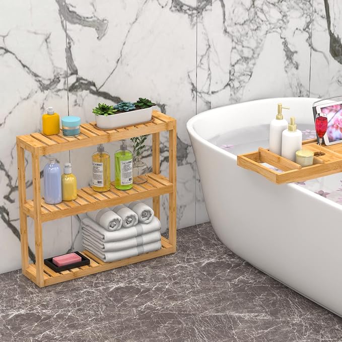 Domax Bamboo Bathroom Shelf 3-Tier Wall Mount Storage Rack Multifunctional - Image 4
