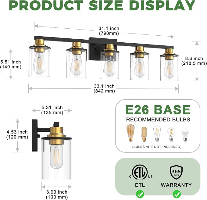 DORESshop Bathroom Light Fixtures, 5-Light Gold and Black Bathroom Lighting - Image 4