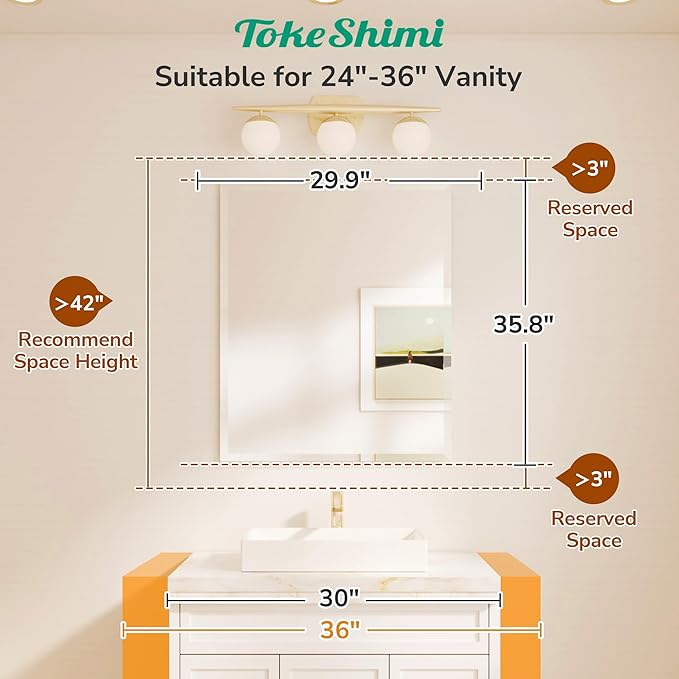 TokeShimi 30x36 Beveled Bathroom Mirror Frameless, Rectangle Bathroom Vanity - Image 2
