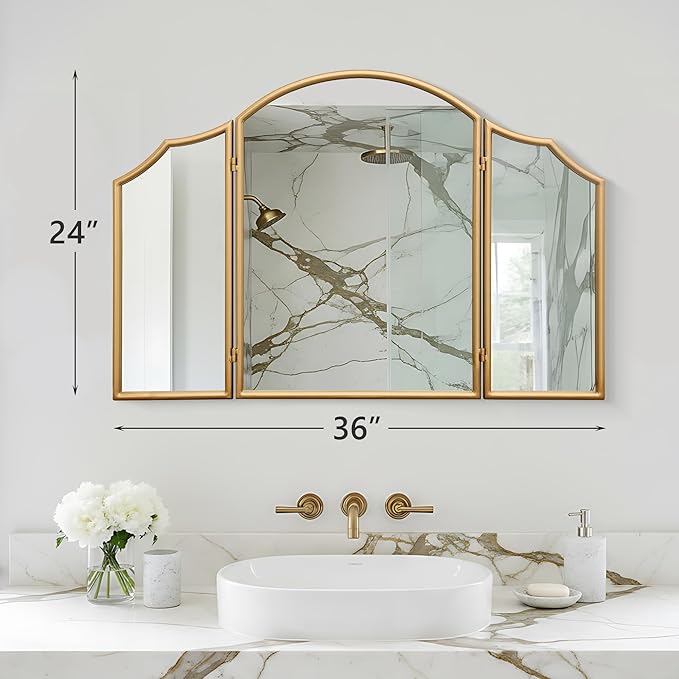 Besdomus Gold Scalloped Vanity Mirror: 36"x24" Large Modern Three Sided Dresser - Image 4