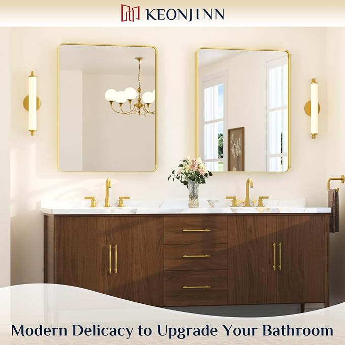 Keonjinn Gold Bathroom Mirrors for Over Sink, 28” x 36” Rounded Rectangle - Image 2