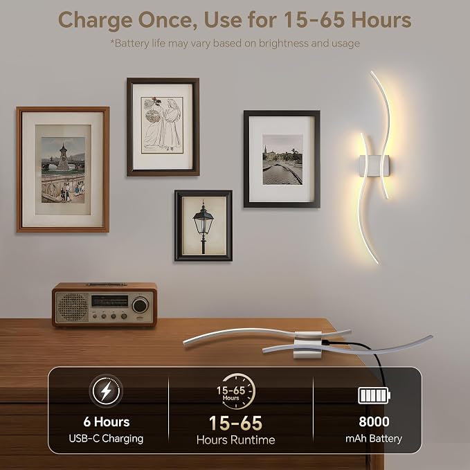 Battery Operated Wall Sconce Set of 2, Dimmable Modern LED Rechargeable Wall - Image 5
