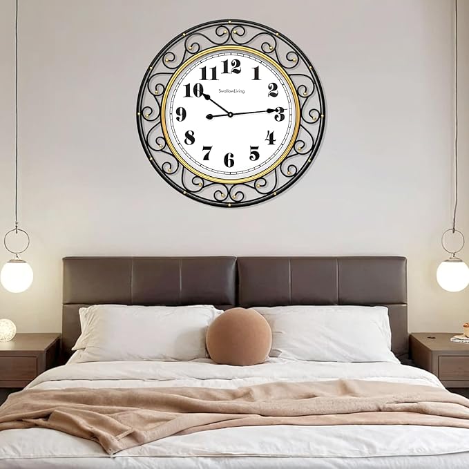 SwallowLiving 30 Inch Vintage Iron Large Black Metal Frame Wall Clock Silent - Image 2