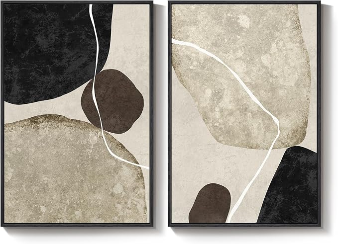 Large Framed Neutral Abstract Wall Art Set of 2, Modern Black Beige Brown - Image 9