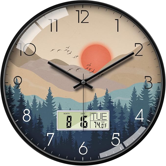 12" Silent Non-Ticking Wall Clock, Mid-Century Modern Wilderness Sunset by SCOAGE