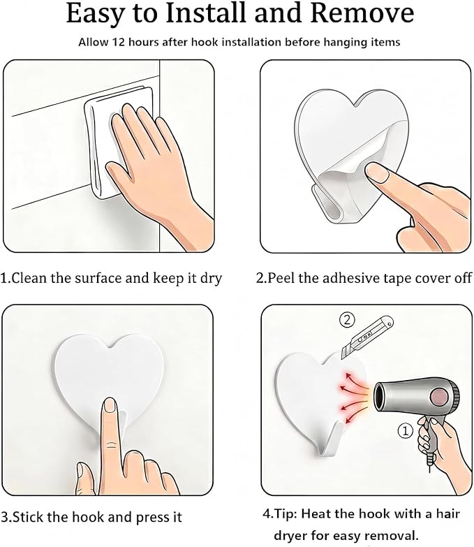 Heart Wall Hooks, 8 Pack, Cute White Decorative Accessories, Purse Hanger - Image 7