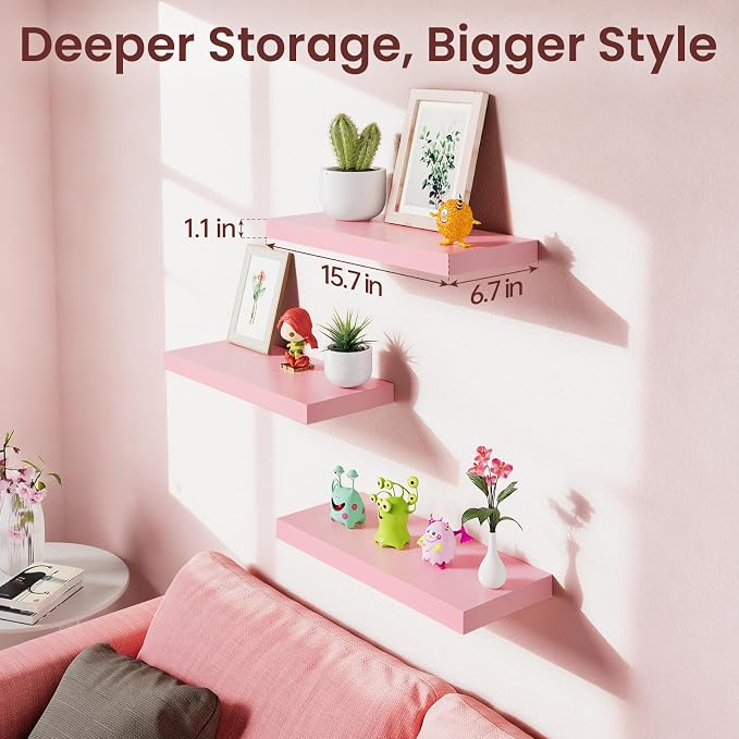 BAYKA Pink Floating Shelves for Wall Set of 3, 15.7in Wood Wall Shelves for - Image 3
