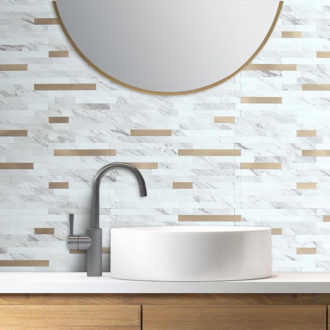 AULIGET 2 Sheets Faux Stone White Marble Peel and Stick Backsplash, PVC Mixed - Image 4
