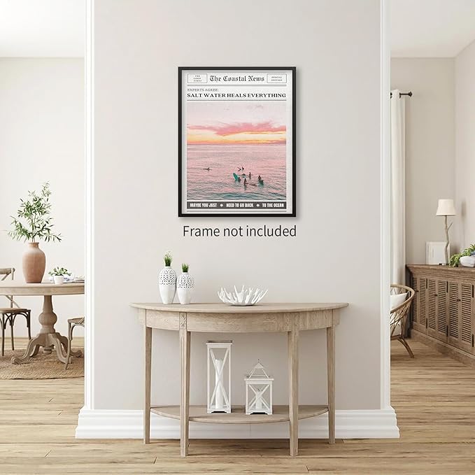 Pink Beach Newspaper Posters Vintage Fashion Coastal Girl Surf Wall Art Grainy - Image 4