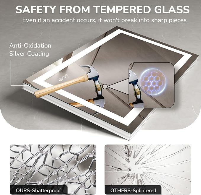 USHOWER LED Bathroom Mirror 40x24 Inch Tempered Glass - Image 4