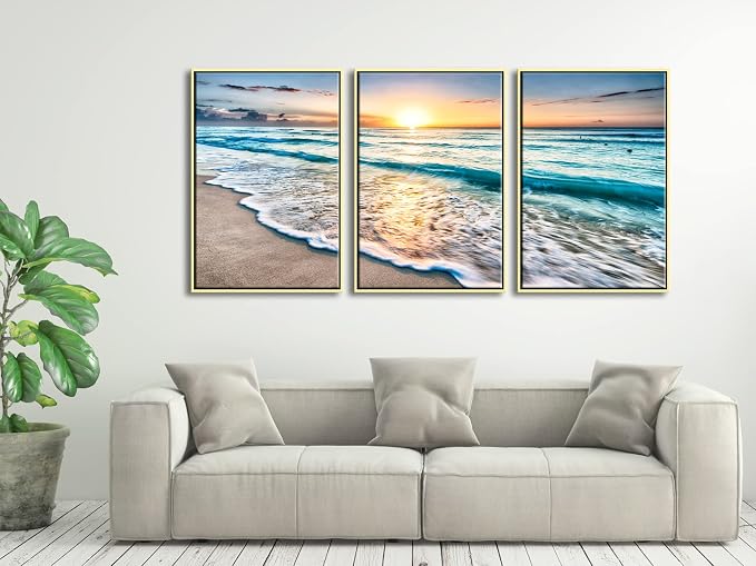 Wieco Art Framed Wall Art 3 Panels Blue Beach Canvas Art - Image 9