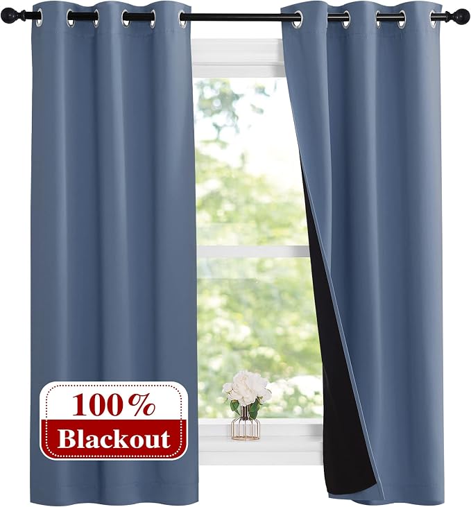NICETOWN Stone Blue 100% Blackout Small Curtains 63 inches Long, Thermal by NICETOWN