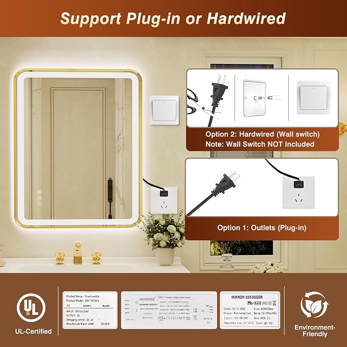 28x40 Inch Gold Framed LED Bathroom Mirror - Image 8
