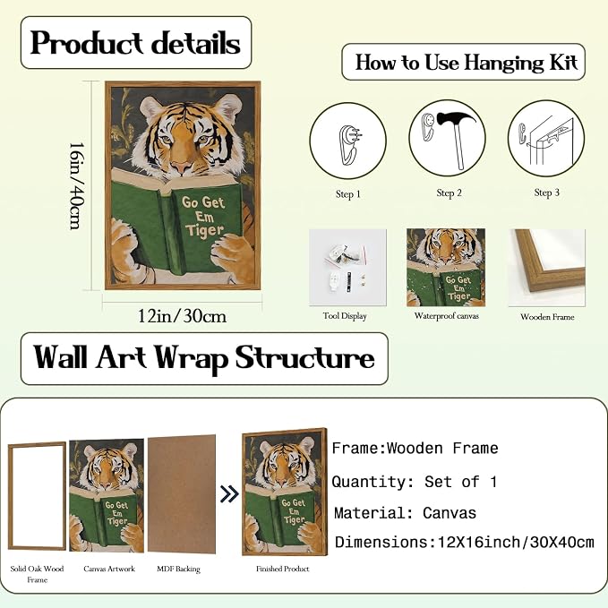 Framed Funny Tiger Wall Art, Motivational Animal Reading Wall Decor Paintings - Image 5