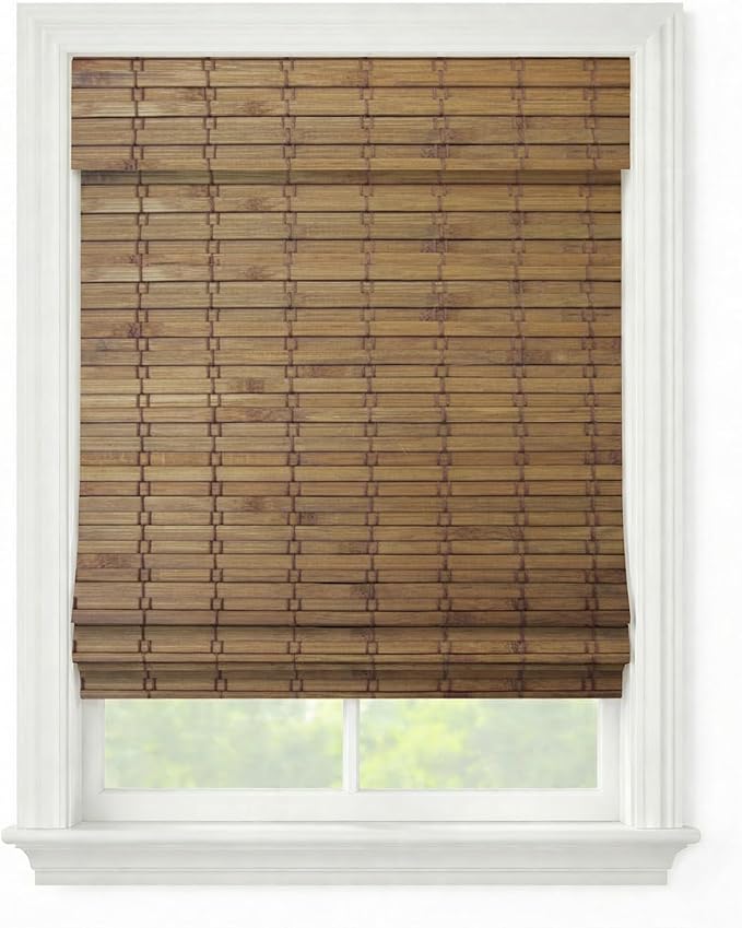 Windowsandgarden Cordless Woven Wood Roman Shades, 29W x 60H, Eastfield Teak by FirstRateBlinds