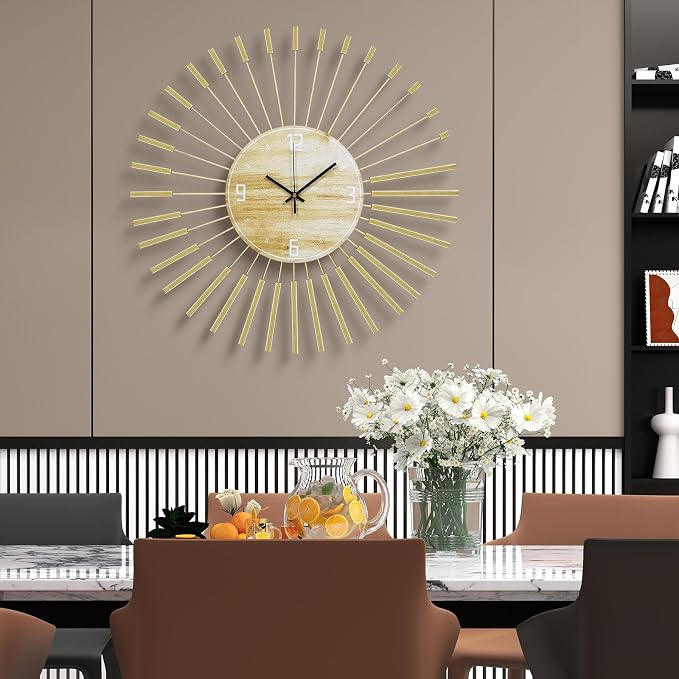 23.6 inch Gold Starburst Wall Clock, Metal & Wood Mid Century Modern Decorative - Image 6