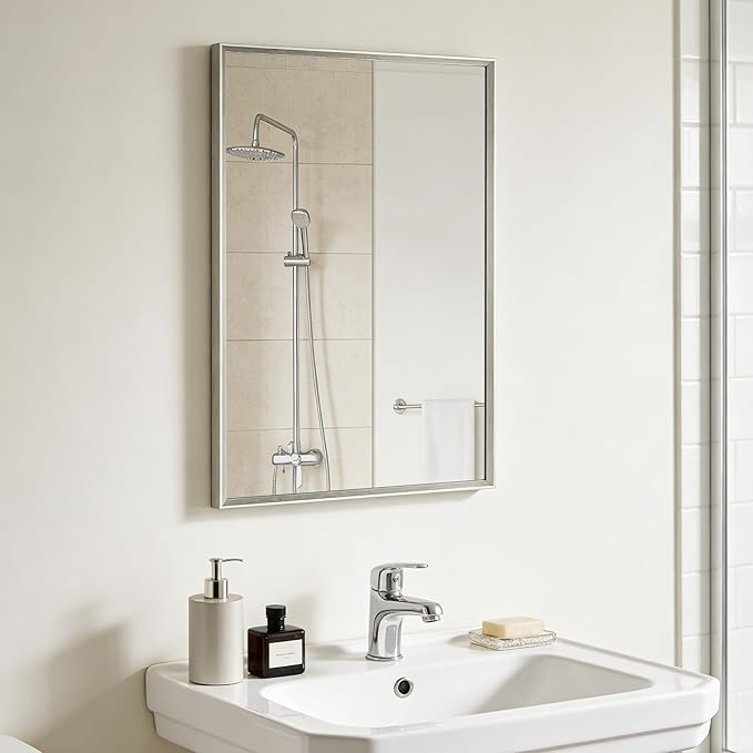 Bathroom Mirror for Wall, 16x24 Inch Metal Framed Mirror, Brushed Nickel by Ruomeng