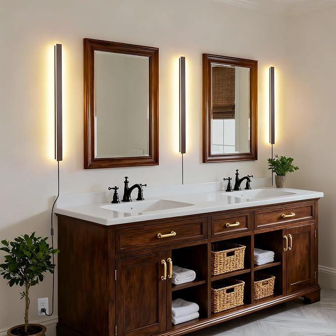 KELUOLY Farmhouse Plug in Long Wall Sconce, 31.4 inch Faux Walnut Finish LED - Image 6