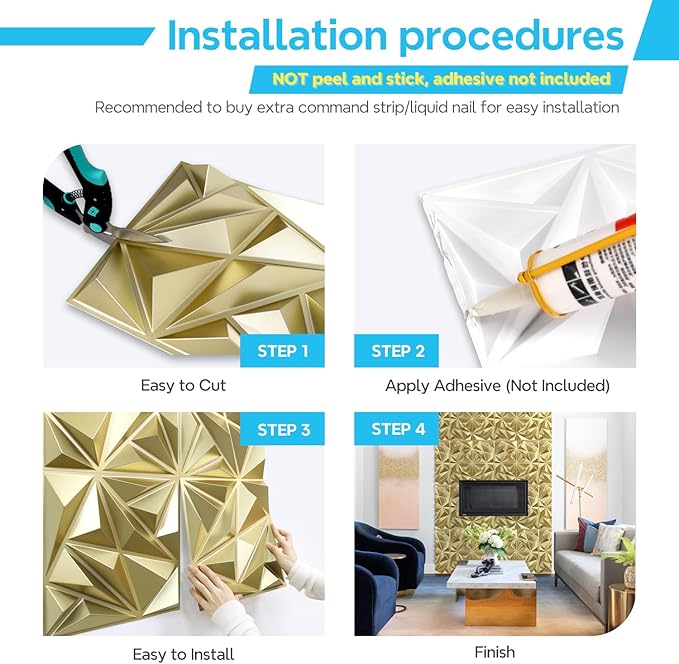 STICKGOO 3D Wall Panels for Interior Wall Decor, Champaign Gold Diamond Design - Image 6