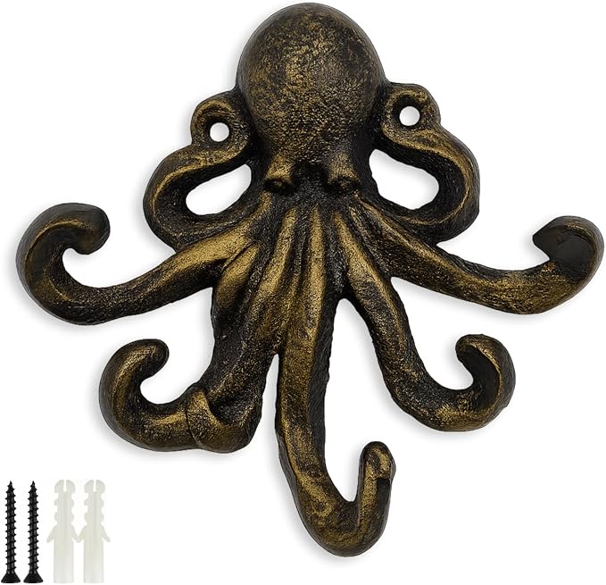 Octopus Cast Iron Wall Hook – Nautical Decorative Key Holder, Coastal Ocean by HERNGEE