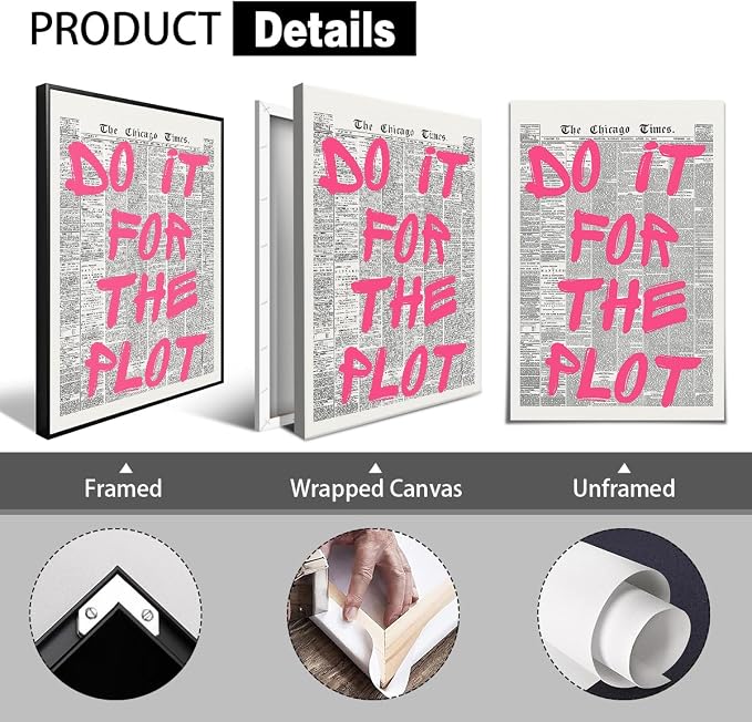 Pink Do It For The Plot Quote Poster, Vintage Black White Newspaper Canvas Wall - Image 2