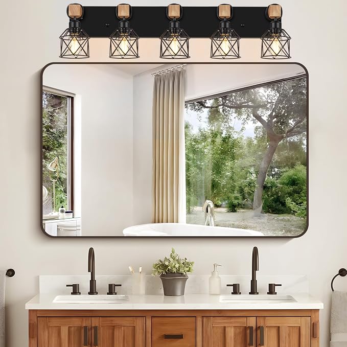 FadimiKoo 5-Light Wooden Black Bathroom Light Fixtures, Rustic Style Vanity - Image 5