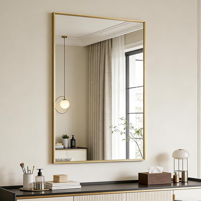Bathroom Mirror for Wall, 36x24 Inch Metal Framed Mirror, Brushed Gold - Image 9