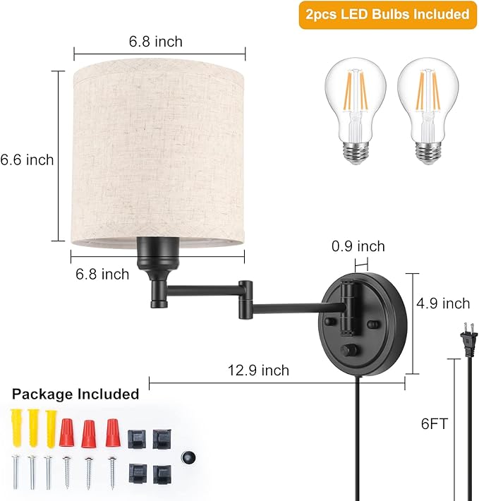 GOODATE ENCOMLI Dimmable Plug in Wall Sconces, Swing Arm Wall Lamp, Wall - Image 5