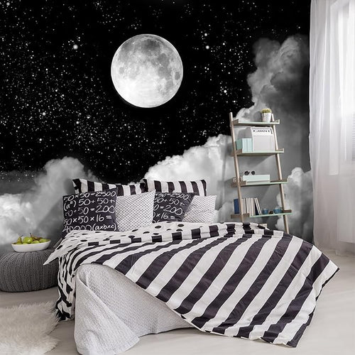 -Gray Galaxy Universe Moon Fabric Wallpaper Ceiling Starry Night White Clouds by YIHWM-PurchaseNow