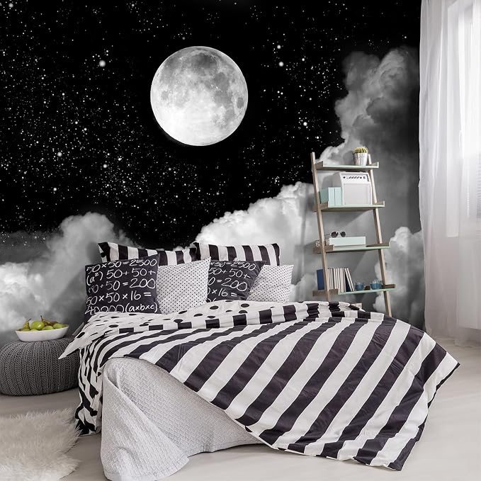 -Gray Galaxy Universe Moon Fabric Wallpaper Ceiling Starry Night White Clouds by YIHWM-PurchaseNow