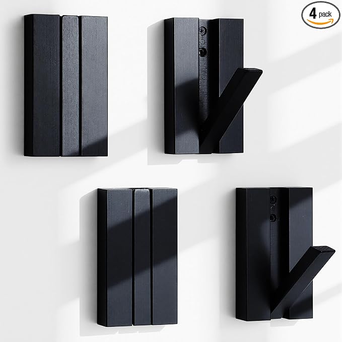 Folding Wall Hooks 4Pack: Black Modern Wooden Coat Hooks Mount by KYIAANY