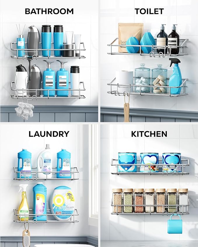 Nieifi Shower Caddy Shelf with Hooks Storage Rack Organizer Adhesive Stainless - Image 8