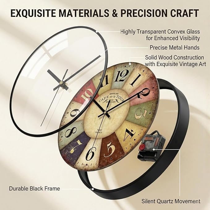 Vintage Wall Clock-12 Retro Rustic Style Quartz Clock, Silent Non-Ticking - Image 3