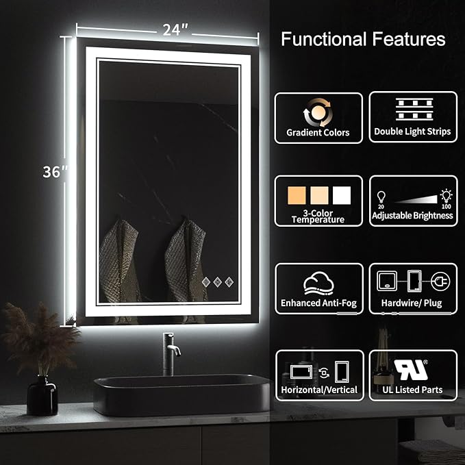 LED Mirror for Bathroom, 24x36 Inch Gradient Front and Backlight LED Bathroom - Image 2