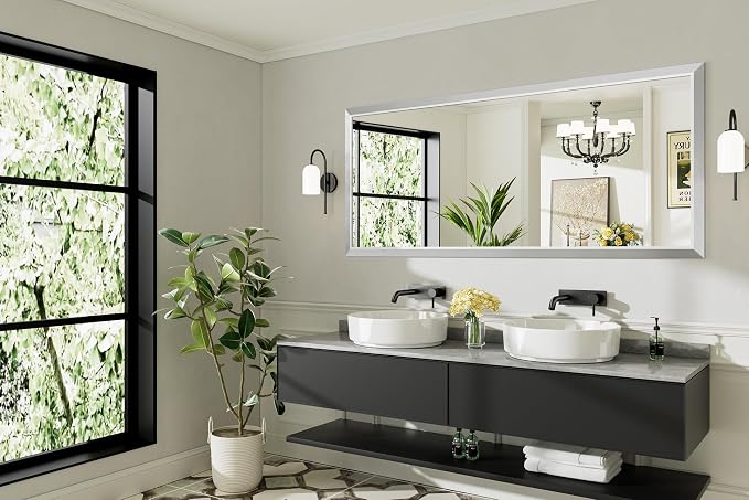 72x32 Inch Brushed Silver Bathroom Mirror - Image 8
