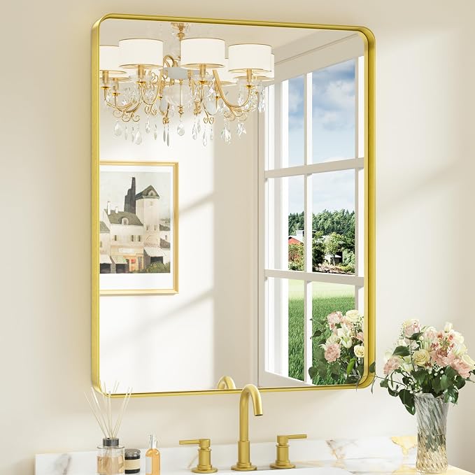Keonjinn Gold Bathroom Mirrors for Over Sink, 28” x 36” Rounded Rectangle by Keonjinn